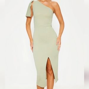 Sage green one shoulder bow detail midi dress size 6.
